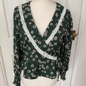 Floral Green Wrap Top with Ruffle Detail